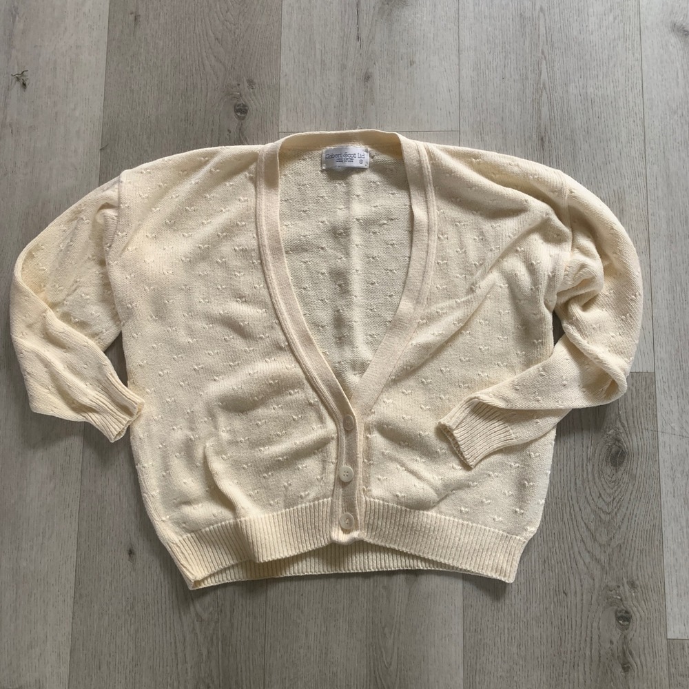 Robert Scott Ltd Vintage Cream Cotton Pointelle Knit V-Neck‎ Cardigan Sweater S